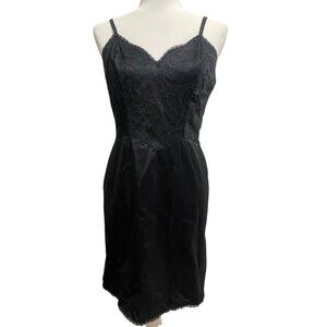 VTG Vanity Fair Full Black Slip Dress Lace Drop Waist Side Slits 34 Small